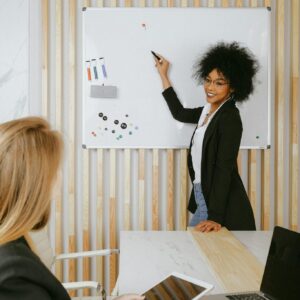 Woman Pointing at Whiteboard